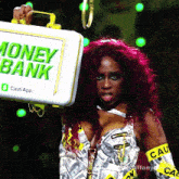 a woman is holding a briefcase that says money bank on it