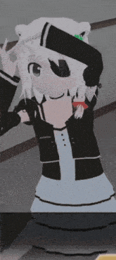 a cartoon girl with white hair and a black jacket
