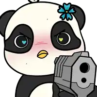 a cartoon panda bear holding a gun with a flower in its hair