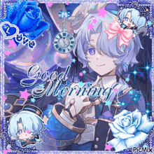 a picture of a boy with a clock and the words " good morning "