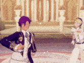 a man with purple hair is standing next to another man with white pants