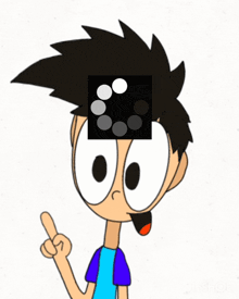 a cartoon character with a square on his head pointing up