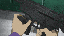 a person in a purple shirt is holding a gun in their hands
