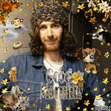 a man wearing a hat and a denim jacket is surrounded by animals and flowers and the words good morning