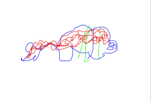 a child 's drawing of a dinosaur with red and blue lines and green lines