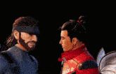 a man in a red jacket is shaking hands with another man in a gray suit