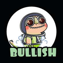 a cartoon of a dinosaur wearing a helmet and goggles with the word bullish below it