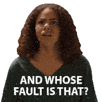 a woman with curly hair has a sticker on her face that says and whose fault is that