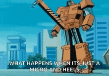 a cartoon robot is standing in front of a city with a crane on its arm .