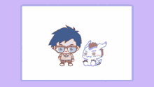 a cartoon of a boy with glasses and a monster on a purple background