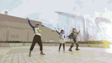 a group of people are dancing in front of a building
