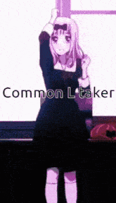 a girl in a black dress is standing in front of a window with her hand up .