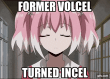 a picture of a girl with a caption that says " former volcel turned incel "