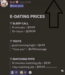 a screenshot of e-dating prices for sleep call texts and matching pfps