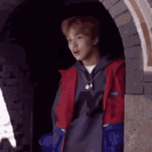 a young man wearing a red and blue jacket is standing in a doorway .