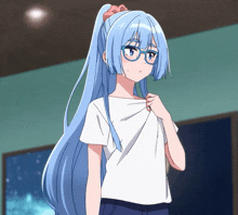 a girl with long blue hair and glasses is standing in a room