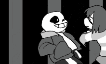 a black and white drawing of a skeleton and a girl fighting each other