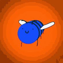 a blue bee with white wings and a smiling face on a yellow background