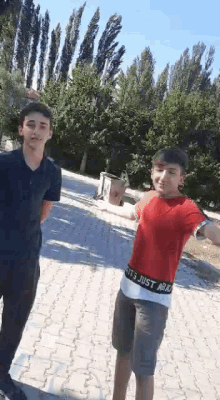 two boys are standing next to each other on a brick sidewalk .