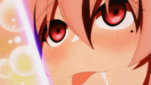 a close up of a girl 's face with red eyes and pink hair