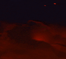 a painting of a red background with a black object in the background .