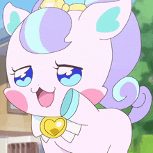a close up of a cartoon character with a heart shaped necklace around her neck