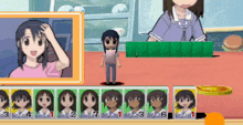 a cartoon of a girl standing next to a row of cards with numbers 1 through 6 on them