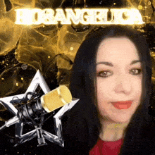 a woman is standing in front of a microphone with the word hosangelic behind her