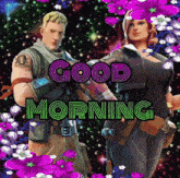 a man and a woman are standing next to each other with the words " good morning " above them
