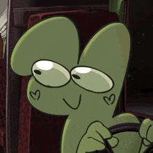 a cartoon character with glasses and hearts on his face is driving a car