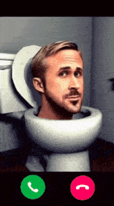 a man sitting in a toilet with a green and pink button