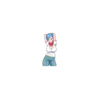 a blue haired anime girl with a white shirt and blue jeans