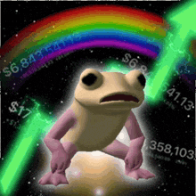 a frog stands in front of a rainbow and a green arrow