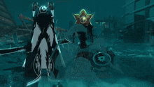 a cartoon character with a skull on his back is standing in the rain