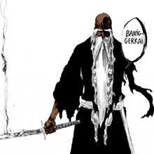 a drawing of a man with a beard holding a sword and a speech bubble that says banig gerkai