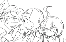 a black and white drawing of three anime characters looking at something