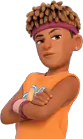 a cartoon character wearing an orange shirt and a headband