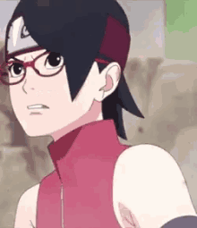 a close up of a cartoon character wearing glasses and a red jacket .