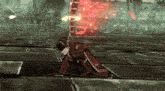 a video game character kneeling down with a sword in his hand