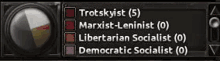 a screenshot of a video game that shows a marxist leninist , libertarian socialist and democratic socialist .