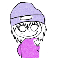 a drawing of a person wearing a purple hat and a purple sweater