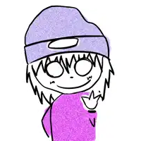 a drawing of a person wearing a purple hat and a purple sweater