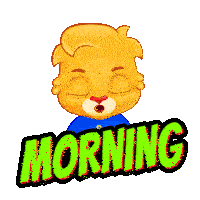 a cartoon bear with a blue shirt and the word morning on the bottom