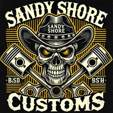 a logo for sandy shore customs with a skull and crossed pistons