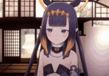 a naked anime girl with horns is standing in a room with a window .