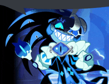 a blue and black cartoon character with a big smile