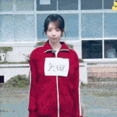 a young woman wearing a red jacket with a sign on her chest is standing in front of a building .