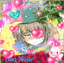 a picture of a girl surrounded by hearts and the words boa noite on the bottom