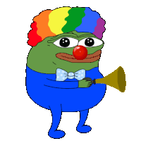 a green frog dressed as a clown with a red nose and rainbow hair