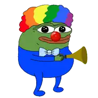 a green frog dressed as a clown with a red nose and rainbow hair